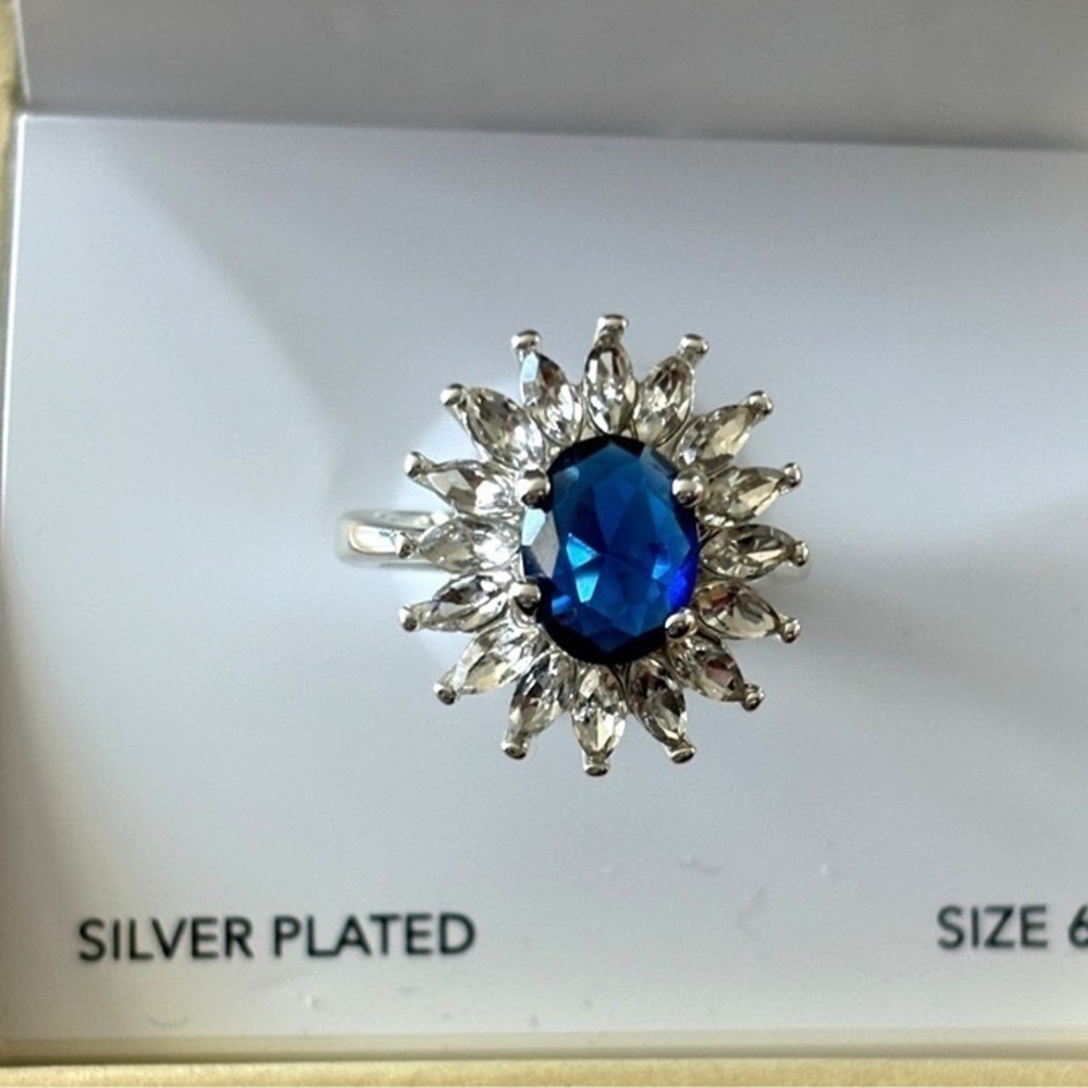 Ring Silver Plated Blue Sapphire Style Oval Halo Statement Size 6 New